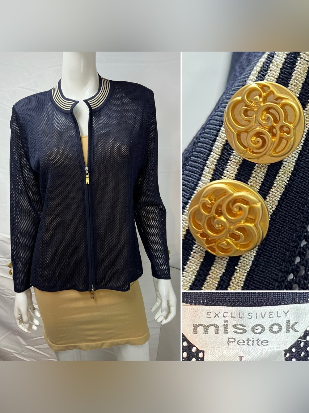 Exclusively Misook Women’s Petite L Navy Mesh Knit Full Zip Jacket Gold Buttons